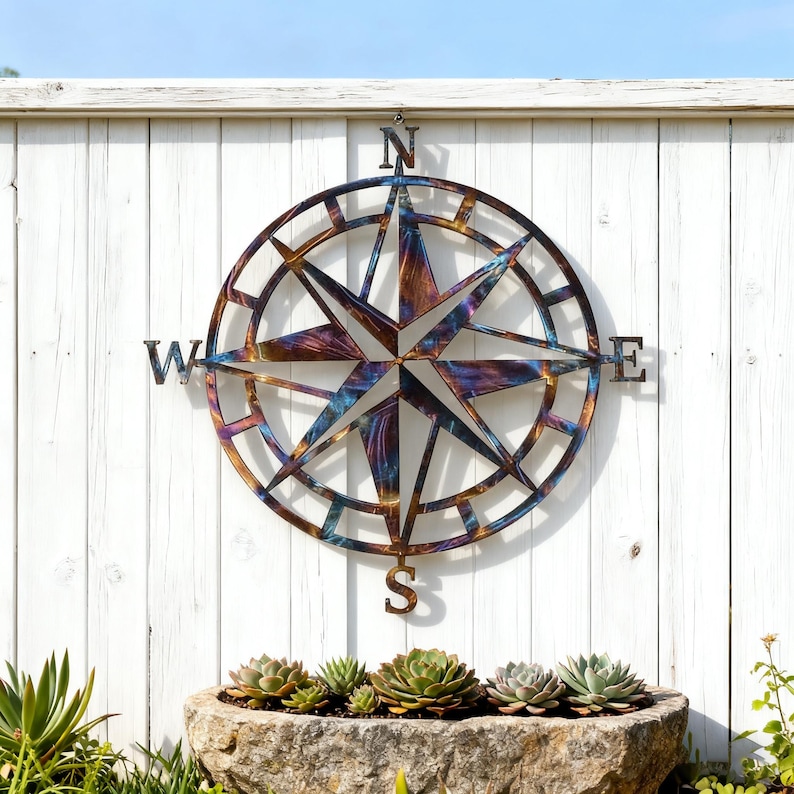 Metal Nautical Compass Wall Art, Directional Metal Sign, Torch Finish ...
