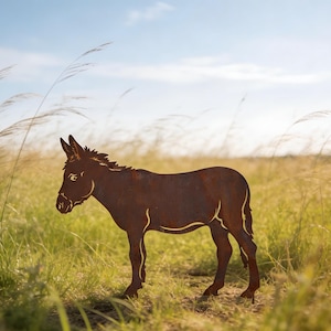Puede incluir: Silueta de burro de metal oxidado de pie en un campo de hierba alta bajo un cielo azul. El burro es de color marrón oscuro con líneas de acento más claras, creando una encantadora decoración exterior.