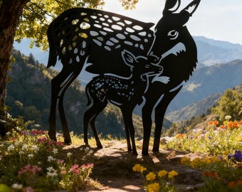 May include: A black metal sculpture of a doe and her fawn, set against a backdrop of mountains and a sunny sky. The doe has a patterned design on her back. The sculpture is surrounded by colorful wildflowers.