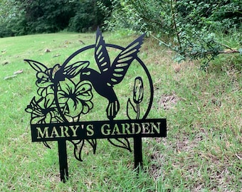 Kolibries en bloemen tuindecor, op maat gemaakt metalen tuinbord met je eigen tekst, plantenmarkering, tuinmancadeau, tuinkunst buiten