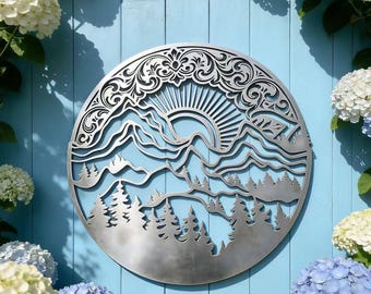 Shining Sliver Metal Sign, Sliver Mountain Peak Silhouette Wall Hanging, Outside Garden Metal Art, Mountain Yard Metal Decor, Sliver Decor
