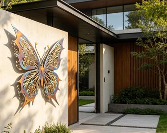 Shining Metal Butterfly Sign, Colorful Butterfly Silhouette Wall Hanging, Outside Garden Metal Art, Heat Colored Metal Wall Art