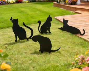 Black Cat Garden Stake, Set of 4 Metal Cat Sculptures, Lively Cat Silhouette In Yard Garden, Memorial Gift, Rusty Metal Cat Grave Markers