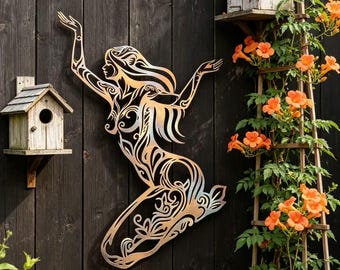 Beautiful Woman, Goddess Design, Unique Female Line Design, Garden Wall Hanging, Entryway Decoration, Heat Colored Metal Wall Art