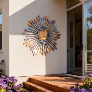 May include: A large, metallic flower sculpture with a golden centre and iridescent petals is mounted on a light-coloured exterior wall. The sculpture is the focal point, with wooden steps and purple flowers in the foreground.