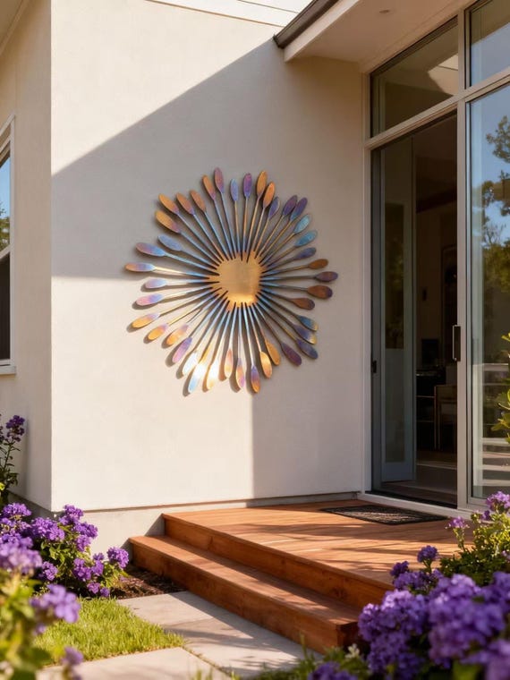 Heat Colored Metal Wacky Sun Outside Wall Art, Metal Wall Decor, Unique Patio & Garden Decor, Whimsical Spiral Sun, Colorful Flower Decor