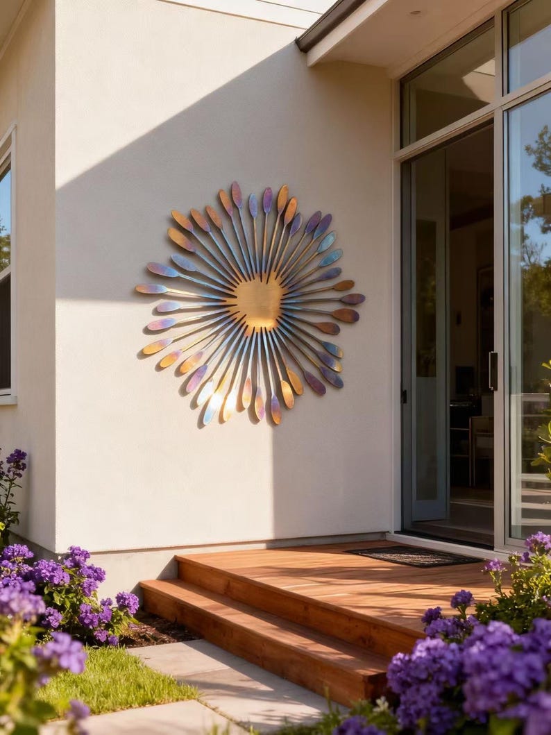 May include: A large, metallic flower sculpture with a golden centre and iridescent petals is mounted on a light-coloured exterior wall. The sculpture is the focal point, with wooden steps and purple flowers in the foreground.
