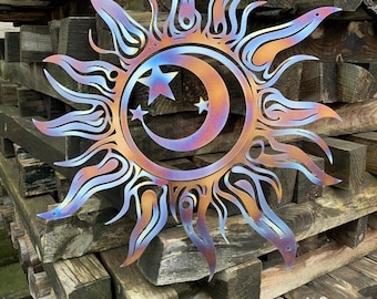 Wacky Sun Outdoor Metal Wall Art Decor, Unique Patio & Garden Decor, Whimsical Spiral Sun, Sun With Moon And Star, Handmade Metal Decor