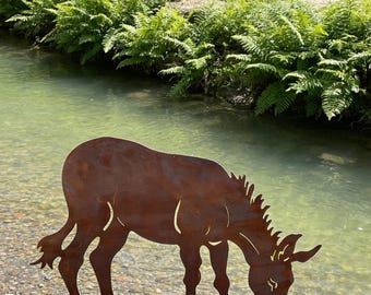 Drinking Water Donkey Sculputure, Outside Donkey Garden Stake, Rusty Metal Animal Stake, Rustic Yard Art Outdoor Garden Decor