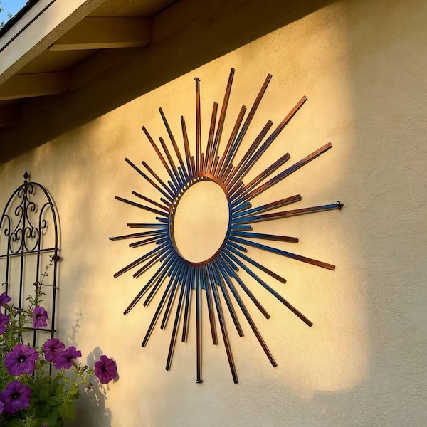 Decoración de pared de metal con gran sol, letrero de amanecer de metal coloreado con calor, arte de pared para jardín, arte de amanecer de metal hecho a mano para colgar en el patio, decoración de habitaciones, decoración del hogar