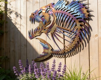 Espinas de pescado, pez de metal feroz, escultura de pez de colores vibrantes, arte de pared, arte de pez de metal colorido, letrero de metal hecho a mano, decoración de pared de arte bohemio.