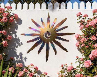 Wacky Sun Outdoor Metal Wall Art Decor, Unique Patio & Garden Decor, Whimsical Spiral Sun, Sun With Moon And Star, Handmade Metal Decor
