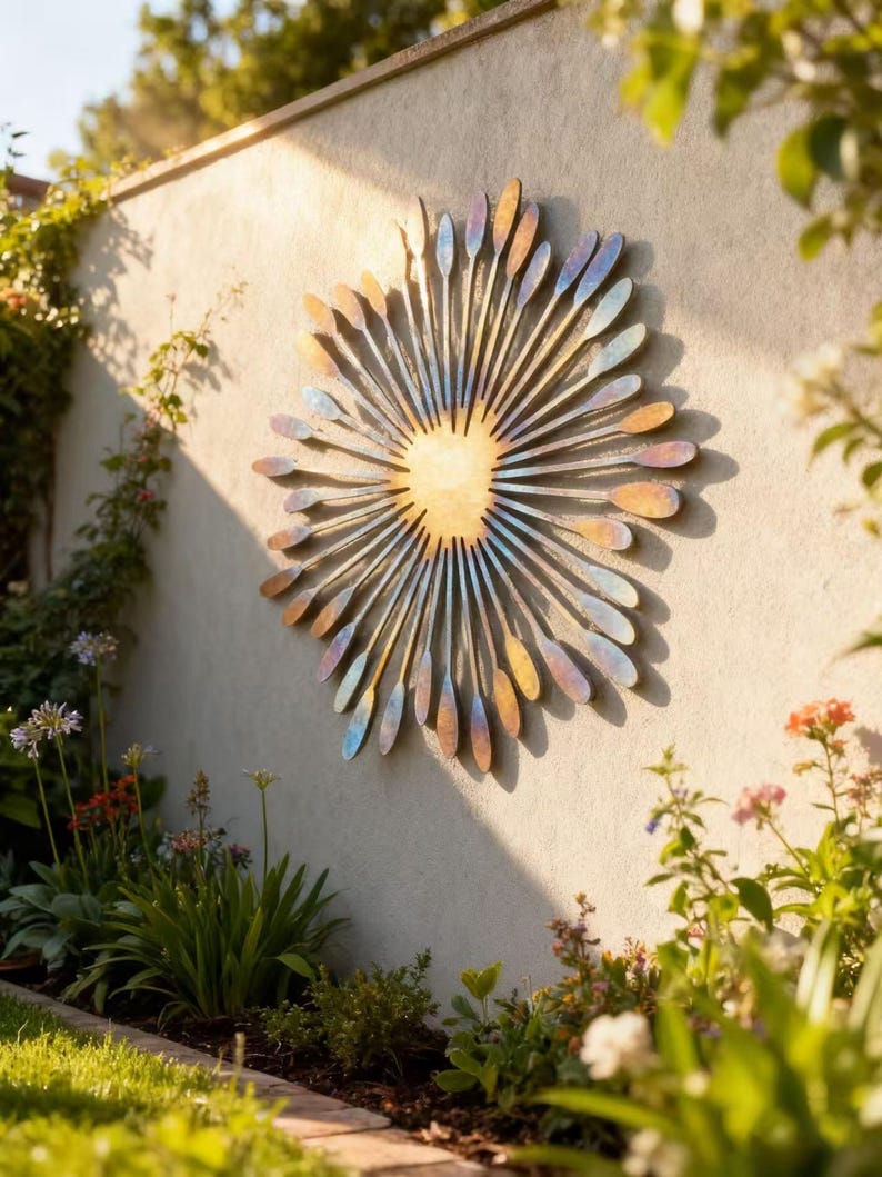 Heat Colored Metal Wacky Sun Outside Wall Art, Metal Wall Decor, Unique Patio & Garden Decor, Whimsical Spiral Sun, Colorful Flower Decor image 4