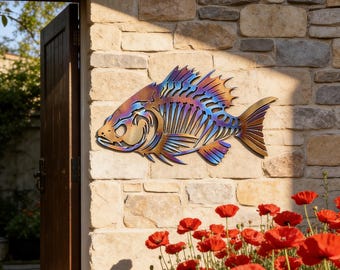Espinas de pescado, pez de metal único, escultura de pez de colores vibrantes, arte de pared, letrero de metal hecho a mano, decoración de pared de arte bohemio.