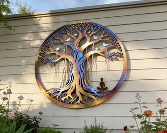 Hittegekleurde levensboom metalen muur opknoping, metalen boom buiten decor, metalen muur kunst decor, uniek tuindecor, handgemaakt metalen decor