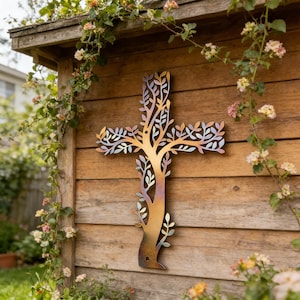 Metal Cross of Branches Wall Art, Tree of Life Cross Art, Handmade Yard Art Cross Sign, Colorful Metal Tree Sign Zen Decor