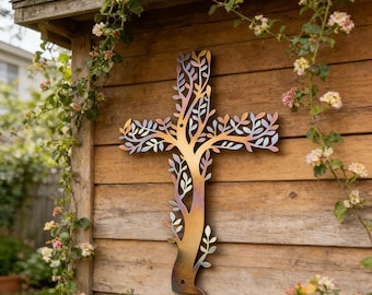 Metal Cross of Branches Wall Art, Tree of Life Cross Art, Handmade Yard Art Cross Sign, Colorful Metal Tree Sign Zen Decor
