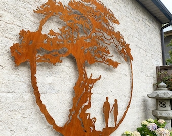 Rust Art Wanddekor, Urlaub Metallgeschenk, Handgemachte Metall Baum des Lebens Wandkunst, Keltischer Baum des Lebens Metallschild mit Paar Silhouette