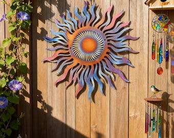 Insegna solare in metallo con trattamento termico, insegna da parete in metallo color bruciato, decorazione unica per patio e giardino, stravagante arte murale a forma di sole a spirale