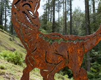 Tyrannosaurus Rex Dinosaur Sculpture, Yard Art Decor, Rusty Metal Dinosaur Statue, Garden Lawn Decor, Dinosaur Garden Stake Metal Silhouette