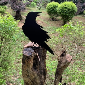 May include: A black metal raven sculpture perched on a weathered tree stump. The raven is silhouetted against a backdrop of lush green foliage, including bushes and trees. The sculpture adds a touch of nature-inspired art to a garden setting.