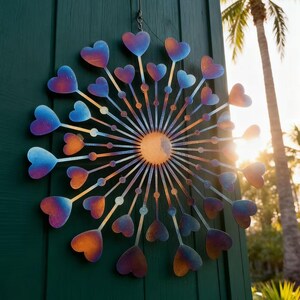 May include: A decorative metal wall hanging featuring a heart design. The hearts are coloured in shades of blue, purple, and orange, emanating from a central sun-like form. It is suspended by a wire and hangs against a green wooden surface.
