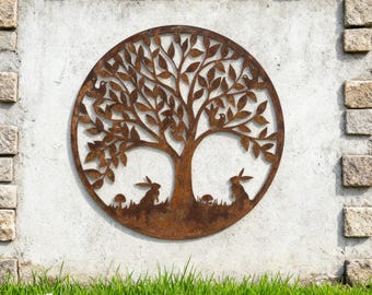 Rusty Metal Tree of Life Wall Art, Celtic Tree of Life Metal Sign with Rabbit Silhouette, Rust Art Garden Wall Decor Outside Yard Sign