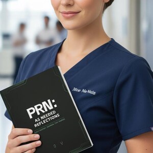 May include: A woman in a navy blue scrub top holds a book titled "PRN: As Needed Reflections." The book has a dark green cover with white text and a geometric border. The woman is smiling in a well-lit medical setting.