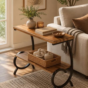 May include: A two-tier console table with a rectangular wooden top and lower shelf, supported by black metal scroll-shaped legs. The top holds a ceramic vase with greenery, a glass candle holder, two stacked books, and a small wooden bowl with nuts.