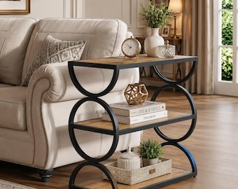 Industrial 3-Tier End Table: Rustic Wood Metal Storage Shelves