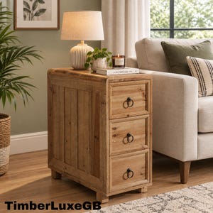 May include: A narrow, rectangular wooden end table featuring three stacked drawers with black circular metal pulls. The natural wood grain is visible throughout the frame, which stands on four short, sturdy feet. The text TimberLuxeGB is present.