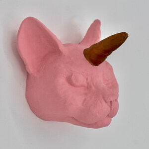May include: A pink ceramic cat head with a gold horn, a whimsical and decorative wall sculpture.