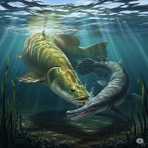 Könnte beinhalten: Unterwasserillustration mit zwei großen Fischen. Einer ist hellgrün mit einer langen Schnauze, der andere ist dunkelgrau mit einem krokodilartigen Kopf. Die Szene spielt in einer blau-grünen Wasserumgebung.
