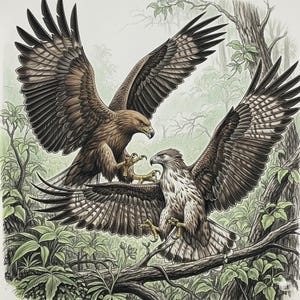 May include: A detailed illustration of two eagles in a forest. One eagle is perched on a branch, the other in flight above. The eagles have brown and white plumage, with sharp talons and beaks. The background shows trees and foliage.