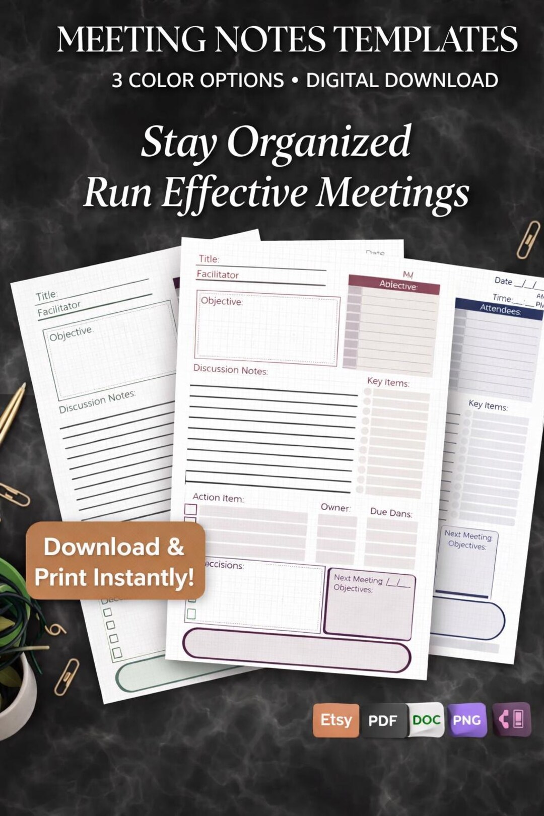 Meeting Minutes Template 3 Colors Printable PDF, Onenote Template