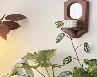 Vintage Wall Mirror with Shelf – Solid Wood Hanging Decor with Aromatherapy Candlestick Holder, Vintage Wooden Wall Shelf, Shaving Shelf