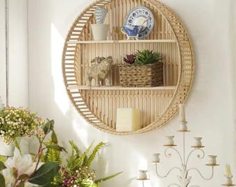 3-Tier Rattan Wall Shelf – Boho Round Wall-Mounted Floating Shelf, Handcrafted Farmhouse Hanging Storage Display Rack Wall Decor