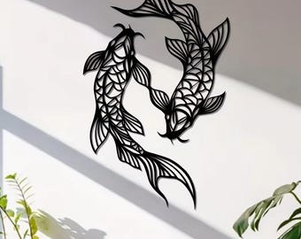 Decoración de pared minimalista de metal con peces koi – Diseño Feng Shui negro, adorno de pared moderno para sala de estar, dormitorio, decoración romántica para el hogar (25 x 40 cm)