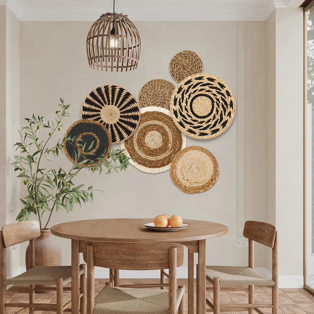 7-pack Boho Wall Basket Decor – Hanging Woven Seagrass Rattan Baskets ...