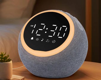 Réveil automatique avec son et veilleuse | 25 sons apaisants, haut-parleur stéréo 5 W, minuterie de mise en veille, horloge de bureau silencieuse en bois à intensité variable