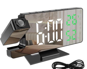 180 Degree Projection Digital Alarm Clock | LED Display, USB Plug-In Desktop Clock | Adjustable Projector Bedside Clock with Multifunctional