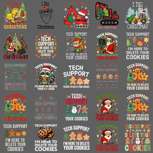 Puede incluir: Una colección de diseños gráficos con temática navideña. Los diseños presentan vehículos de construcción, Papá Noel, elfos, hombres de jengibre y otros elementos festivos. El texto incluye "I Dig Christmas" y "Tech Support: I'm Here to Delete Your Cookies."