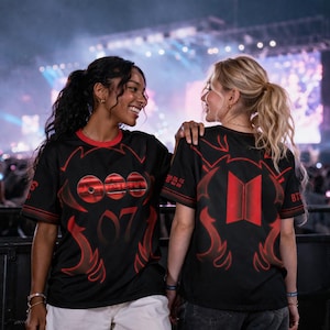 Puede incluir: Dos personas con camisetas negras con detalles rojos. La parte delantera de las camisetas presenta el texto "OOO 07" y un diseño rojo. La parte trasera de las camisetas tiene un logotipo rojo y el texto "BTS".