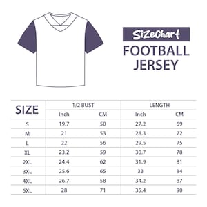 May include: A white football jersey outline with purple sleeves. The image includes a size chart with measurements in inches and centimeters for bust and length. The text "SizeChart FOOTBALL JERSEY" is displayed.