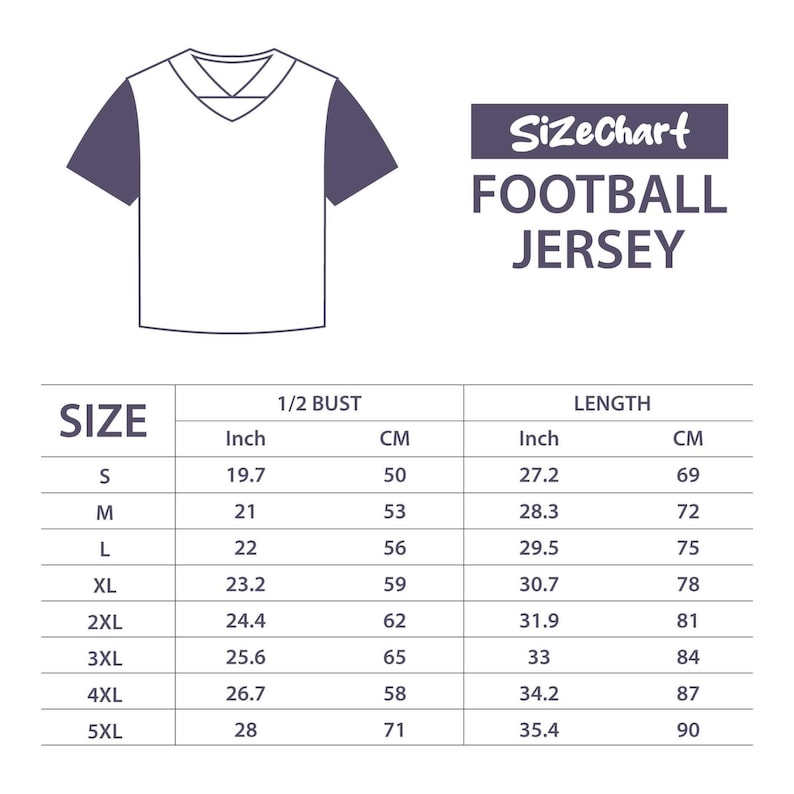 May include: A white football jersey outline with purple sleeves. The image includes a size chart with measurements in inches and centimeters for bust and length. The text "SizeChart FOOTBALL JERSEY" is displayed.