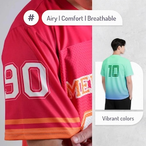 May include: A red mesh jersey with the number 90 in white. The jersey has orange stripes and the word "ME" in white. The image also shows a t-shirt with the number 10 on the back, with a gradient of green to blue. Text on the image says "Airy | Comfort | Breathable" and "Vibrant colors".