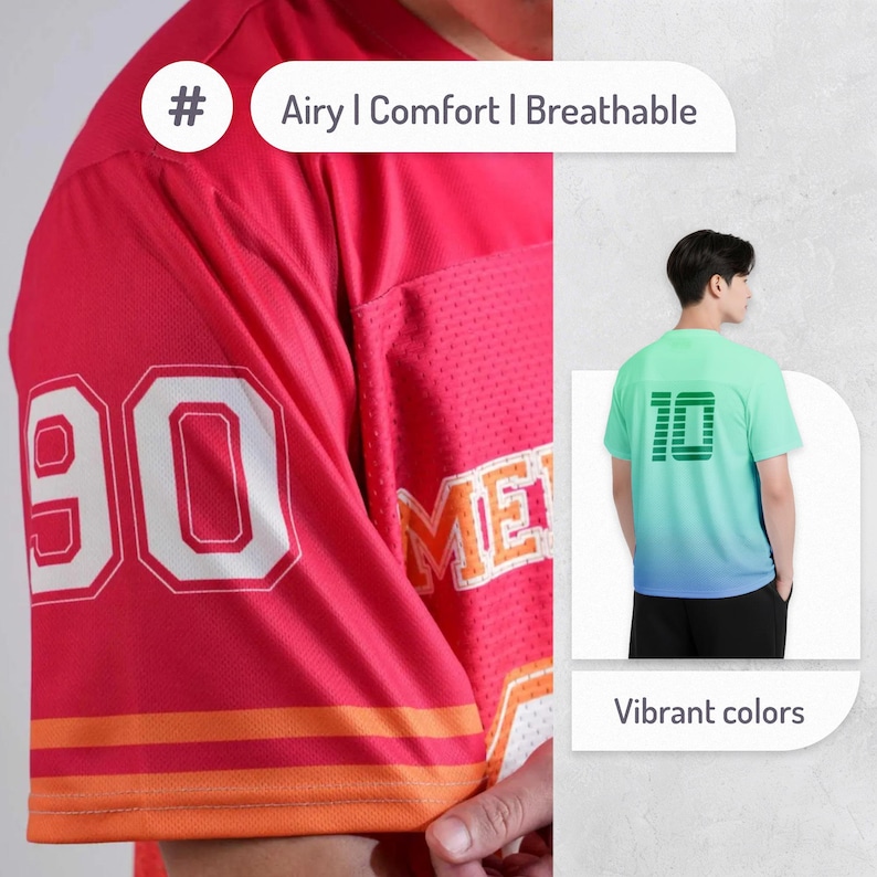 May include: A red mesh jersey with the number 90 in white. The jersey has orange stripes and the word "ME" in white. The image also shows a t-shirt with the number 10 on the back, with a gradient of green to blue. Text on the image says "Airy | Comfort | Breathable" and "Vibrant colors".