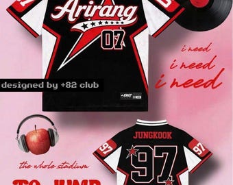 Conjunto ORIGINAL de camiseta Kpop para Army, camiseta de fútbol de Bangtan Jungkook, camiseta de la gira mundial de conciertos Bang Tan Arirang, ajuste personalizado con nombre y número.