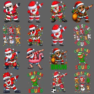 Könnte beinhalten: Eine Sammlung von Weihnachtsgrafiken mit Weihnachtsmännern und Elfen in verschiedenen Posen. Der Weihnachtsmann wird beim Dabben dargestellt, trägt eine Sonnenbrille und ist von Weihnachtsbeleuchtung umgeben. Einige Designs enthalten den Text "Christmas Squad" und "Bruh".