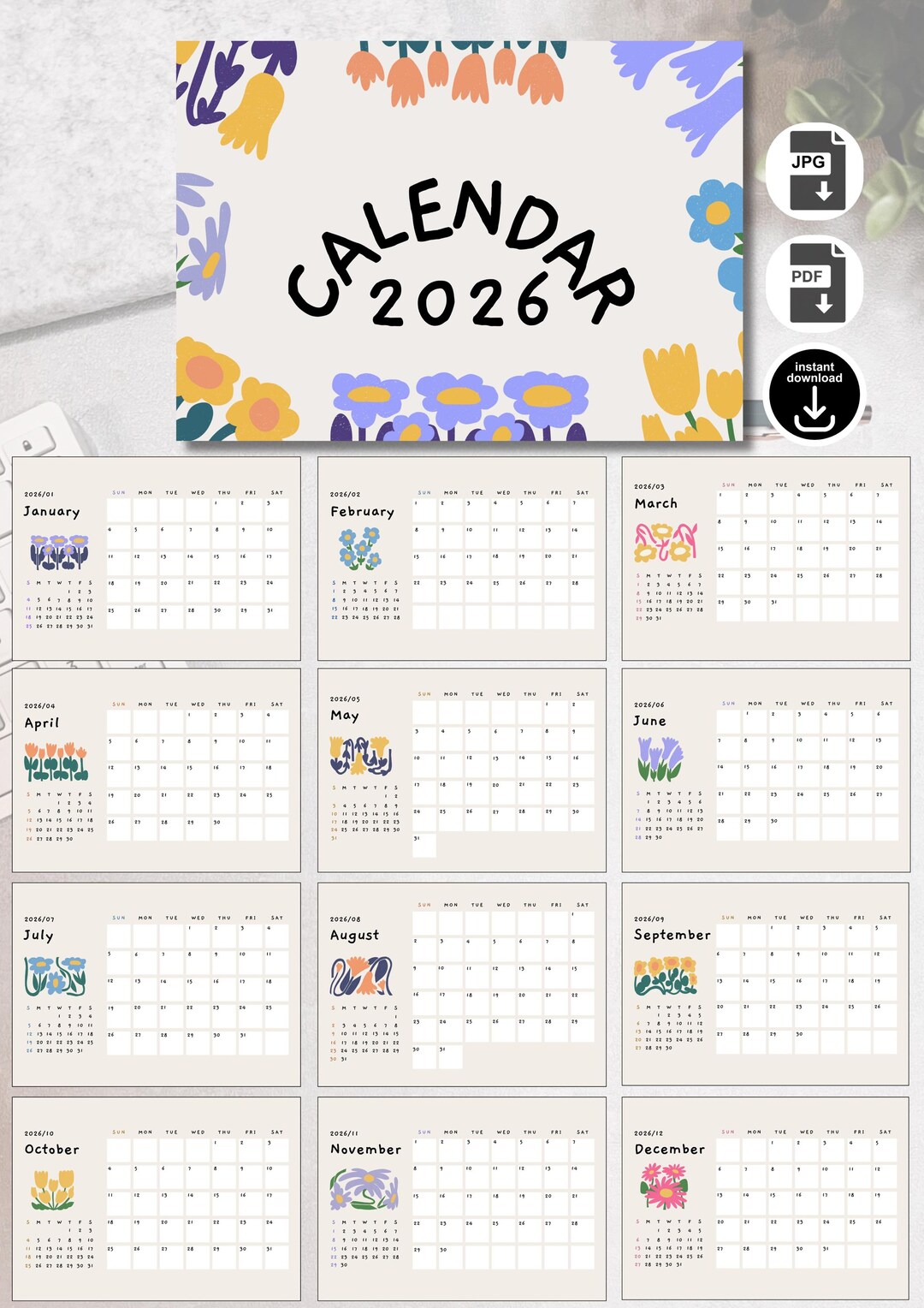 2026 Printable Calendar | Minimal Beige Wall Art | Digital Download A4 ...